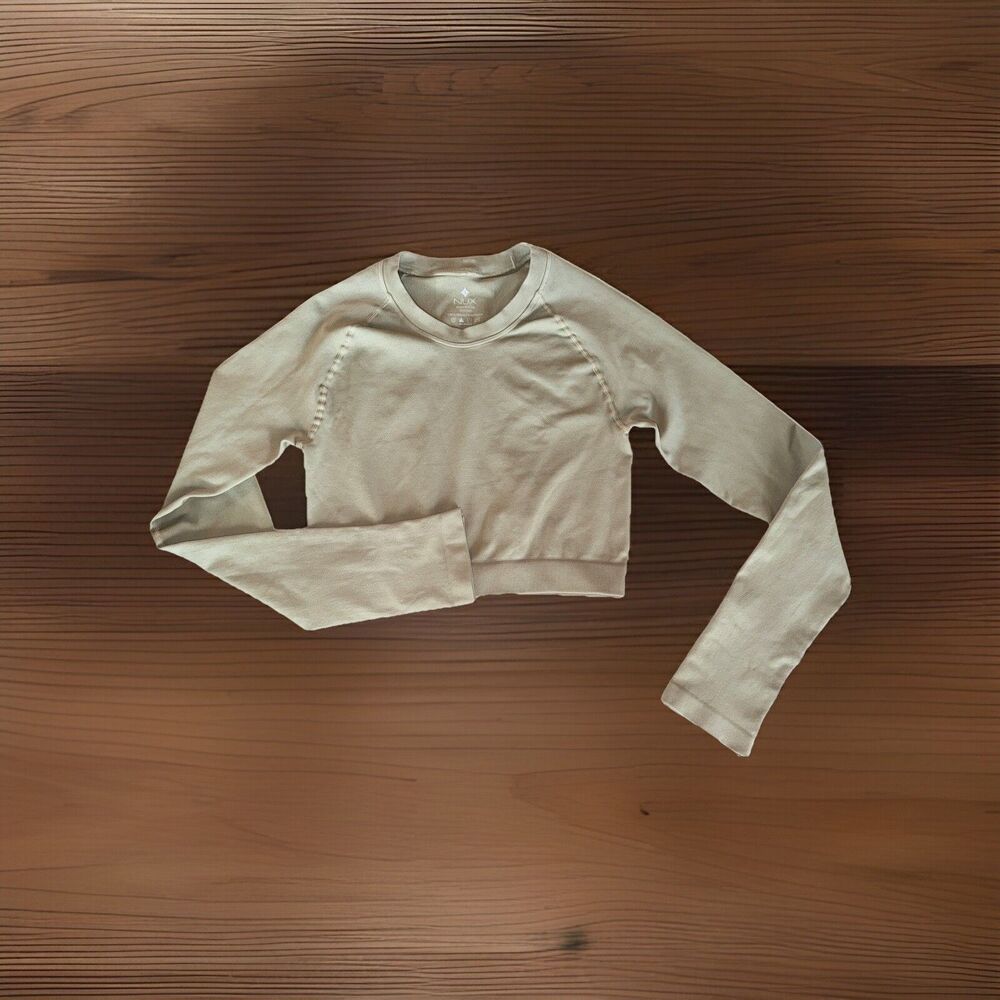 NUX Active Long Sleeve Workout Crop Top Yoga Running Fitted Size M, Olive - Picture 3 of 11